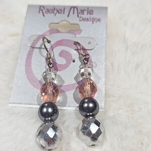 Rachel Marie designs hand crafted earrings ,silver, gray, pink, clear beads NEW